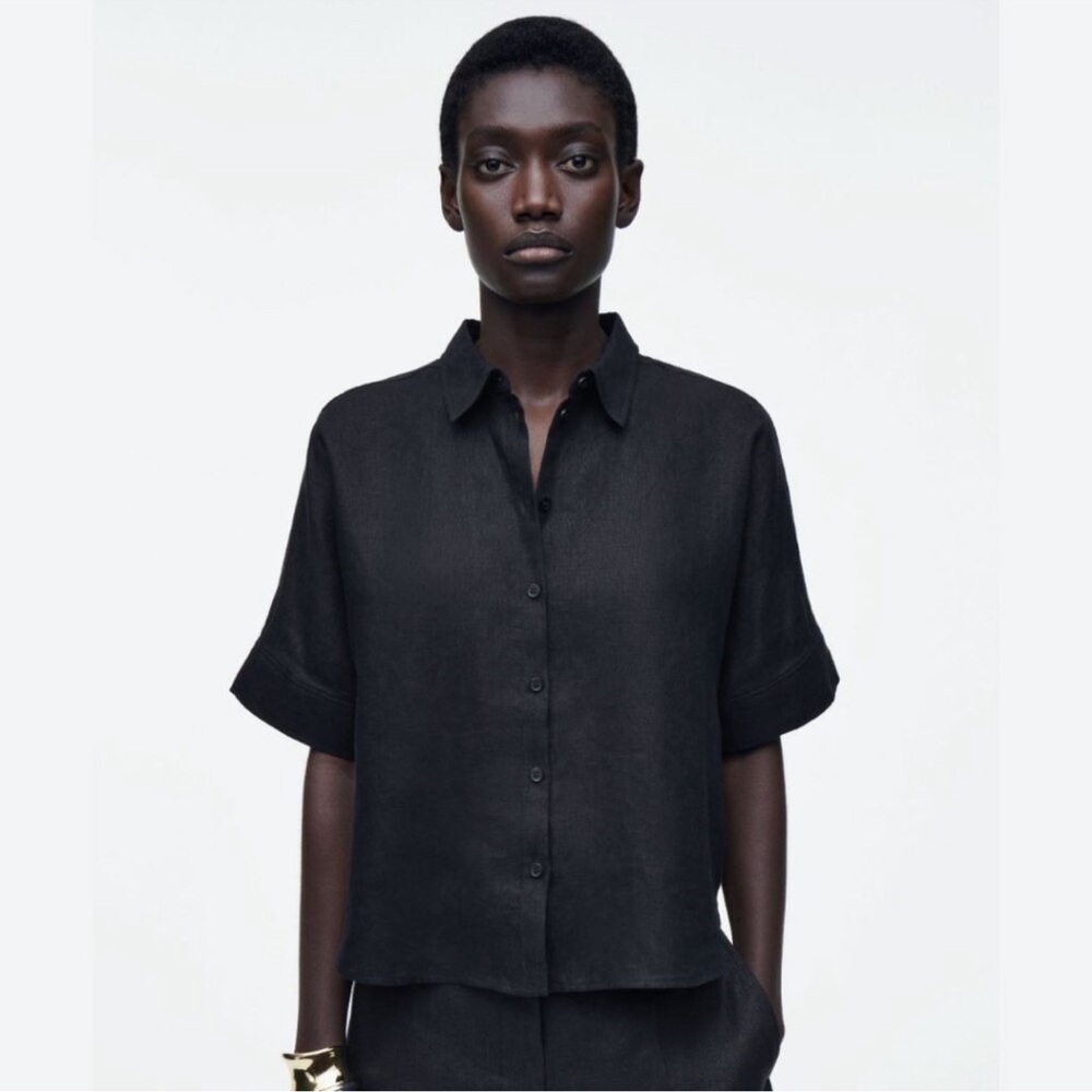 COS boxy black Linen button down shirt